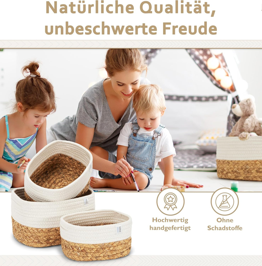 NORDIS DESIGN Aufbewahrungskörbe 3er Set aus Wasserhyazinthe und Baumwolle, Bad Aufbewahrungskorb ge