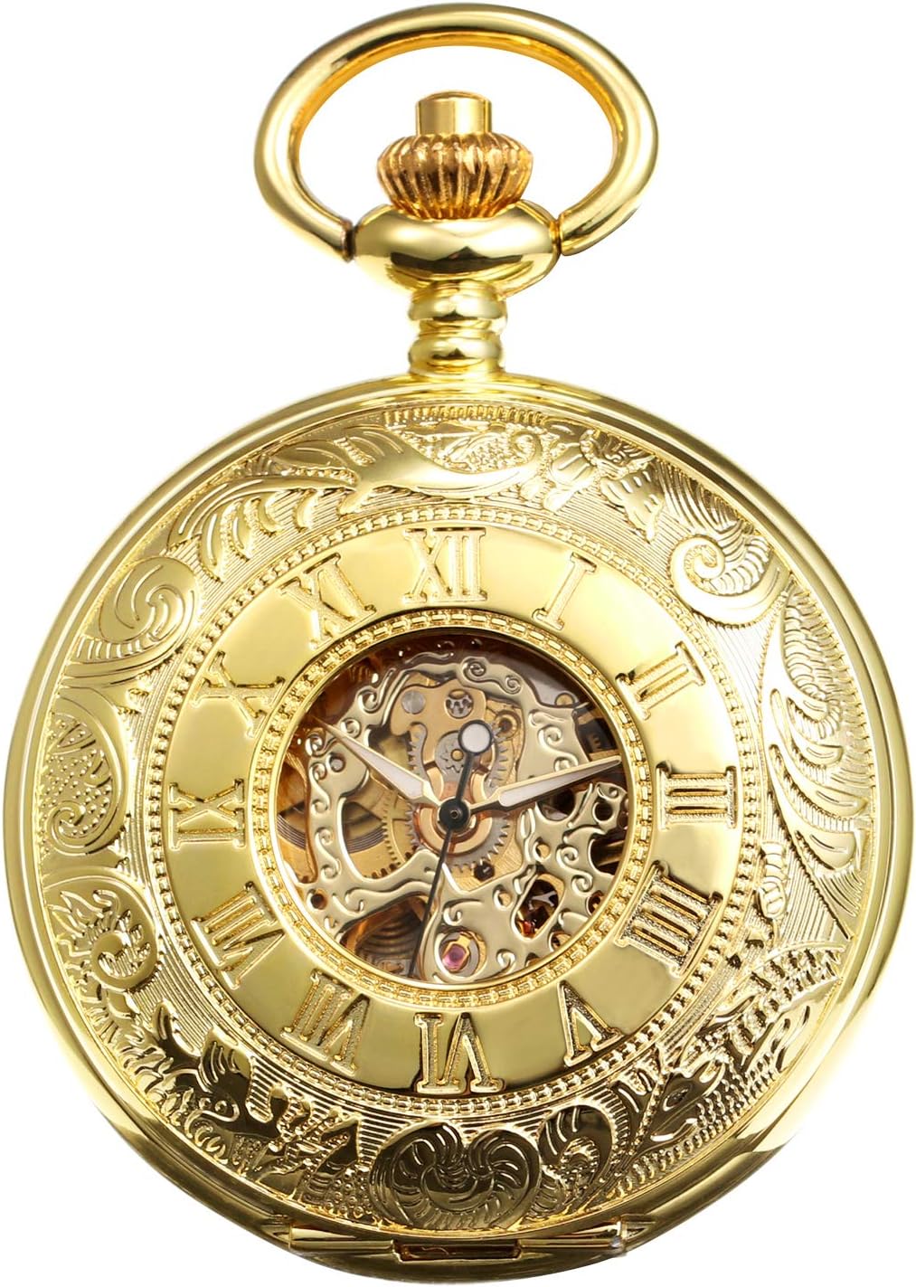 TREEWETO Unisex Taschenuhr mit Kette Mechanische Handaufzug Doppelscharnier Antik Skelett Römische Z