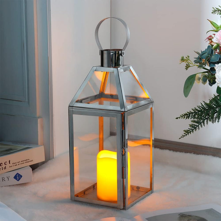 JHY DESIGN Kerzen Laternen, Glas Laternen 34cm Hohe Edelstahl Kerze Windlicht Hängender Kerzenstände