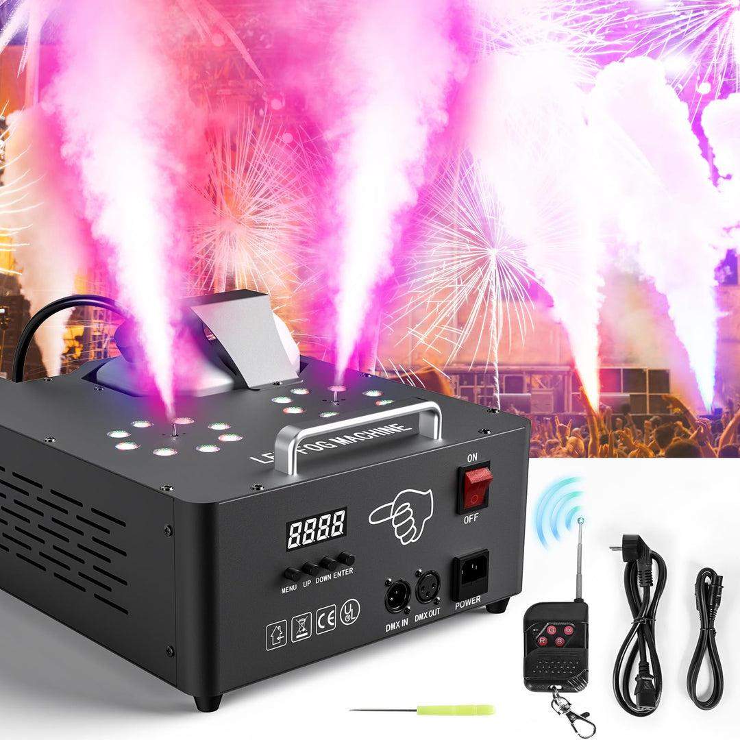 2000W Nebelmaschine mit Lichteffekt, Dual Düse Rauchmaschinen mit 8+8 RGB LEDs Bühneneffekt Fog Mach