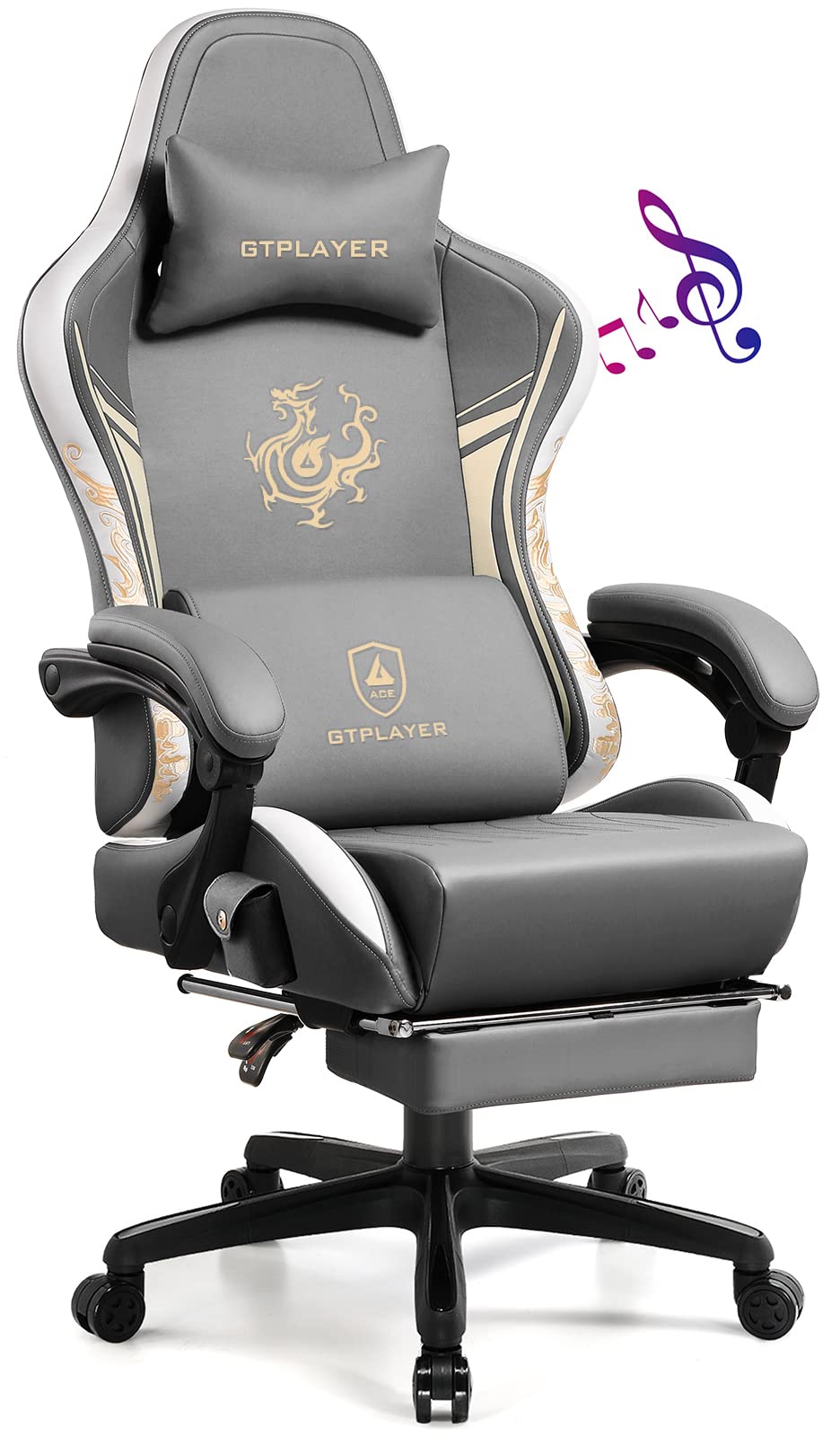 GTPLAYER Gaming Stuhl Gamer Stuhl mit Bluetooth-Lautsprechern und Fussstütze, Dragon Series Bürostuh