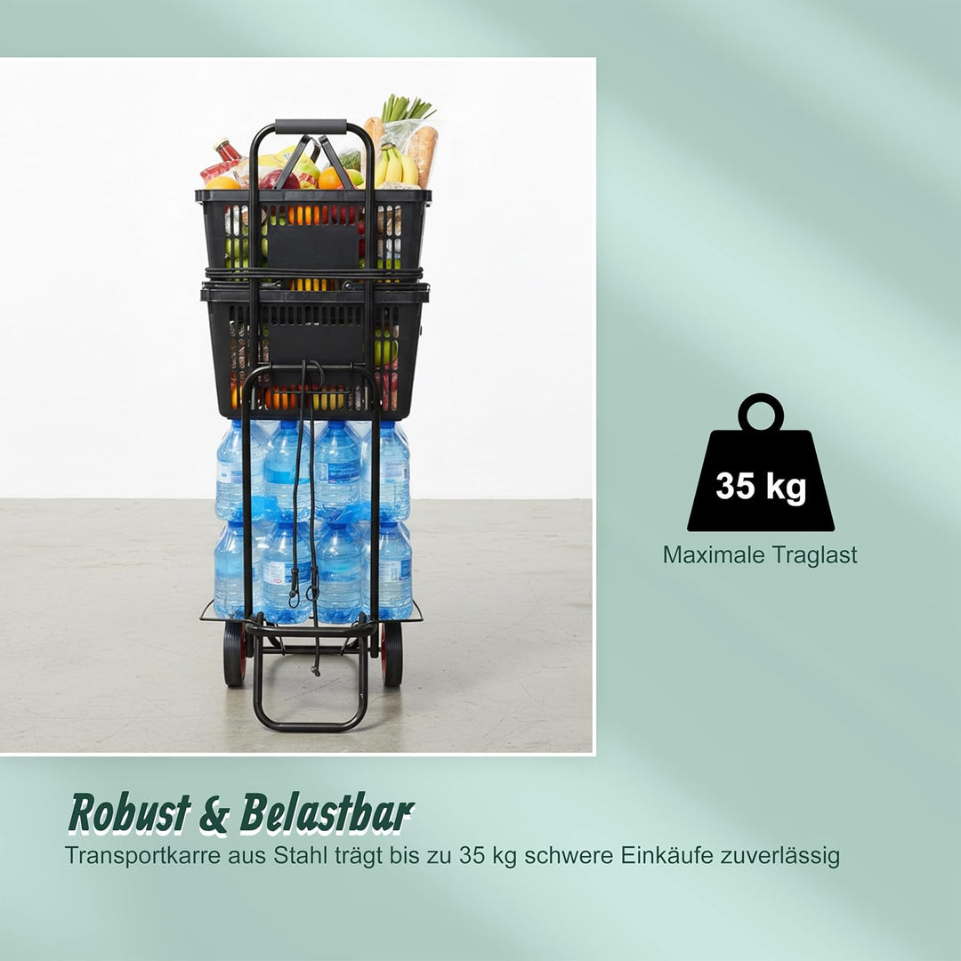 Relaxdays Transportwagen, klappbar, gepolsterter Griff, 2 Gummiräder, Spanngurte, 35 kg, kleine Tran