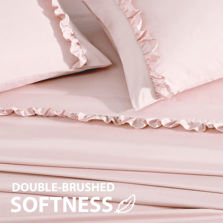 Swift Home Hudson & Main ultrasoftes Elegante gerüschter Saum-Bettlaken-Set Full Rose Blush Rose Blu
