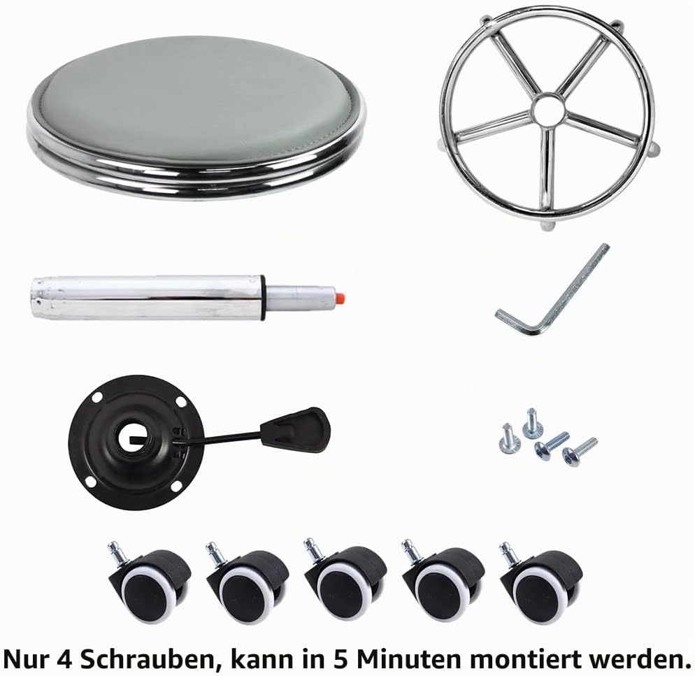 KKTONER Rollhocker Drehhocker höhenverstellbar mit Fussstütze aus PU Leder Grau, Grau