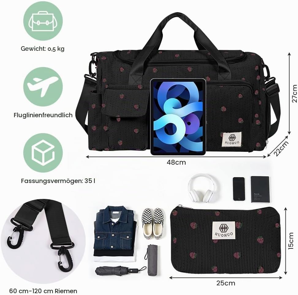 Sporttasche Damen, Sporttasche Kinder, Faltbare Reisetasche Weekender mit Schuhfach Nassfach, Reiset