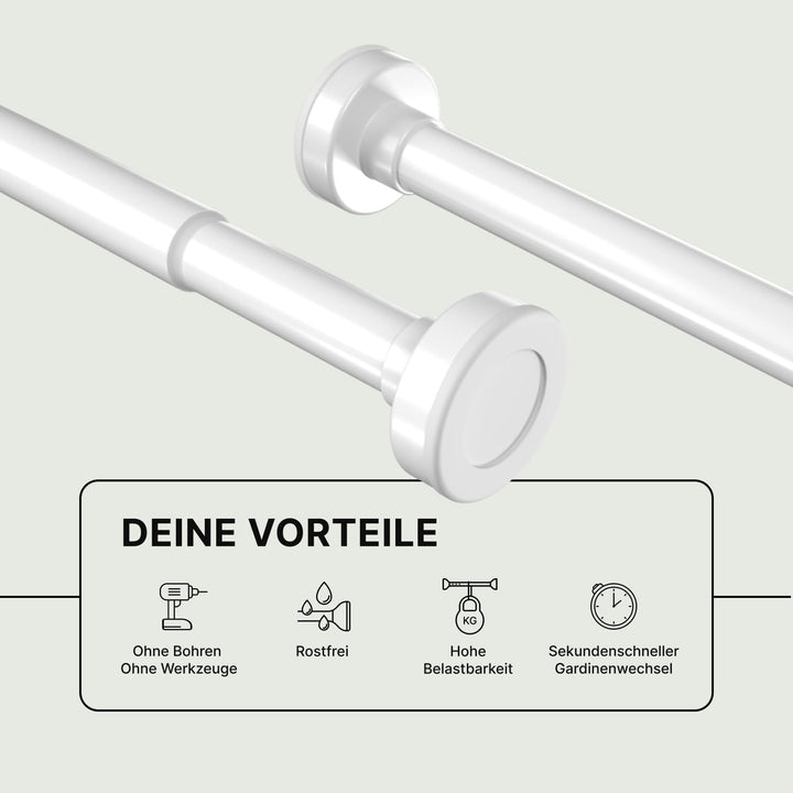 Vorhangstange Klemmstange - Weiss, Ø 25 mm, 1Stück - Gardinenstange ohne Bohren - Teleskopstange zum