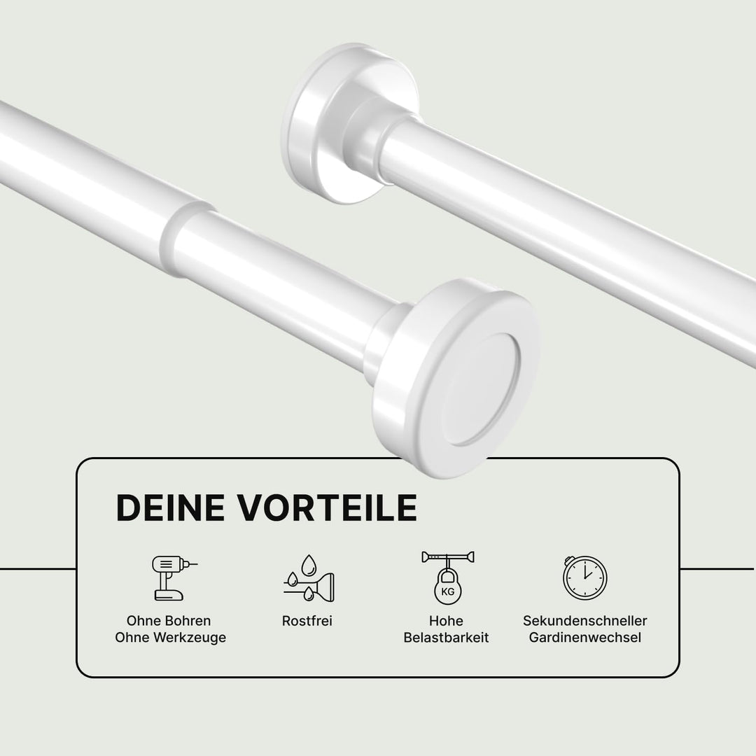 Gardinenstange ohne Bohren 110-200cm, Weiss, Ø 25 mm, Teleskopstange zum Klemmen - Vorhangstange Kle