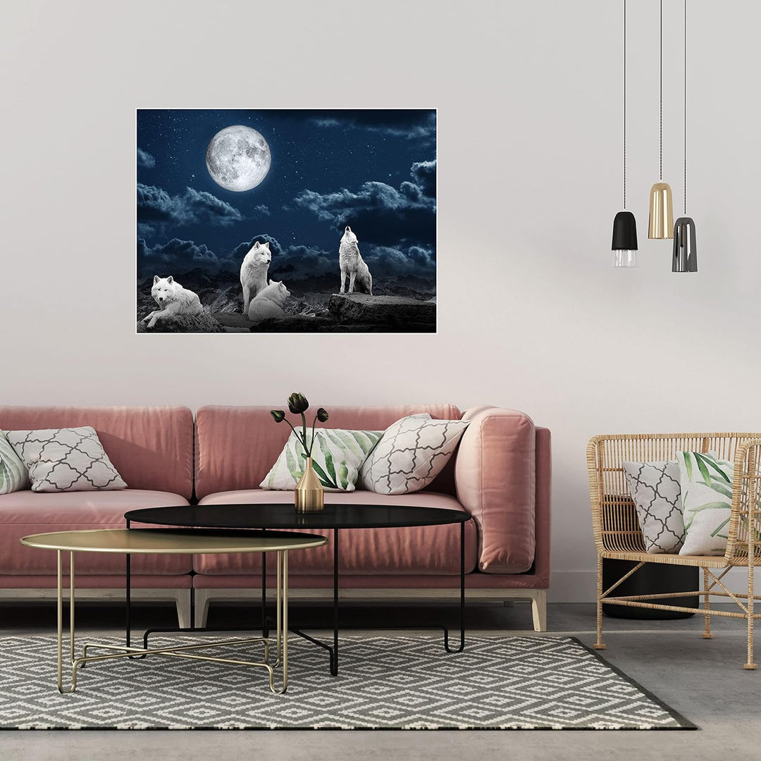 wandmotiv24 Poster als Wanddeko, Grösse 80x60cm, Wolfsrudel, Wolf, Gemälde, Mond, Wölfe, Felsen, Tie