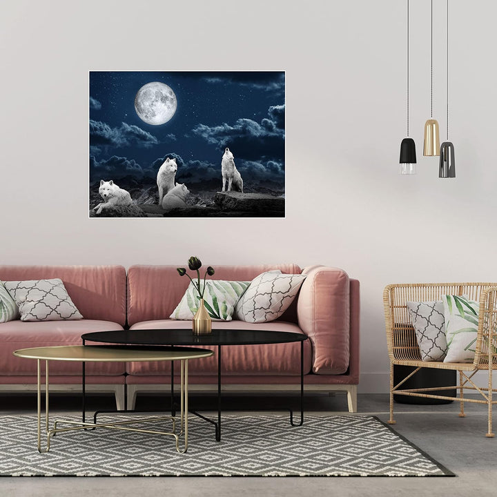 wandmotiv24 Poster als Wanddeko, Grösse 80x60cm, Wolfsrudel, Wolf, Gemälde, Mond, Wölfe, Felsen, Tie