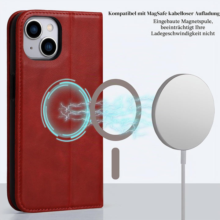 VISOUL Hülle für iPhone 15, Schutzhülle [Echt Leder] [Schützt vor Stoss] [Kartenfach] [Magnetverschl