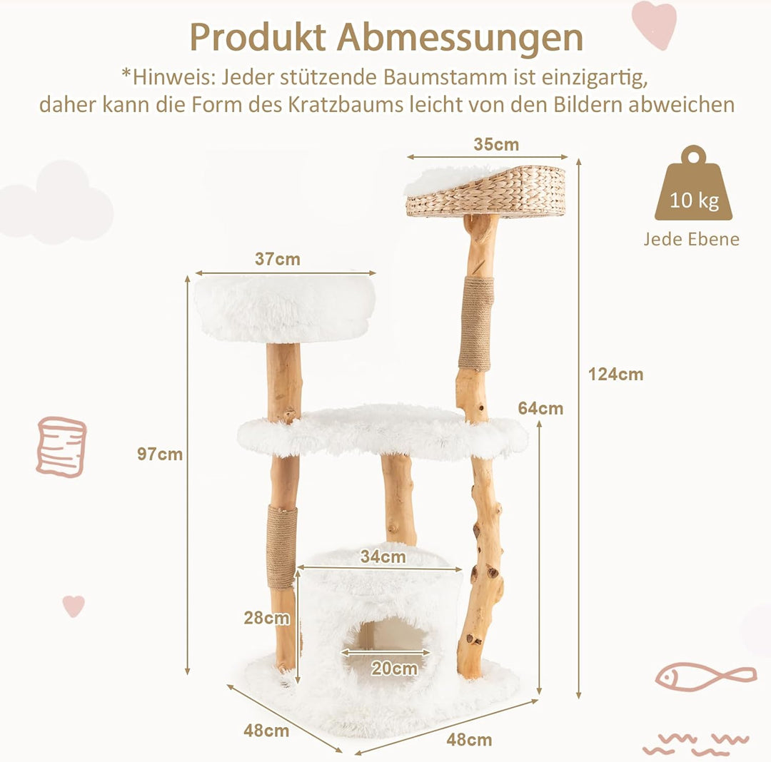 SOARS Kratzbaum Holz, Katzenbaum mit 3 natürlichen Birnbaumstämmen, Katzenhöhle & Plüschflächen, Kat