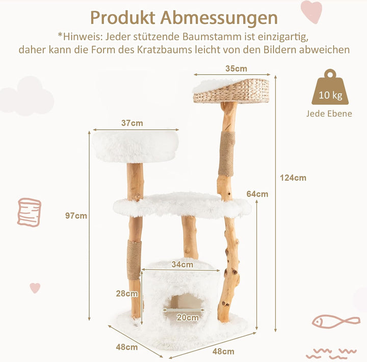 SOARS Kratzbaum Holz, Katzenbaum mit 3 natürlichen Birnbaumstämmen, Katzenhöhle & Plüschflächen, Kat