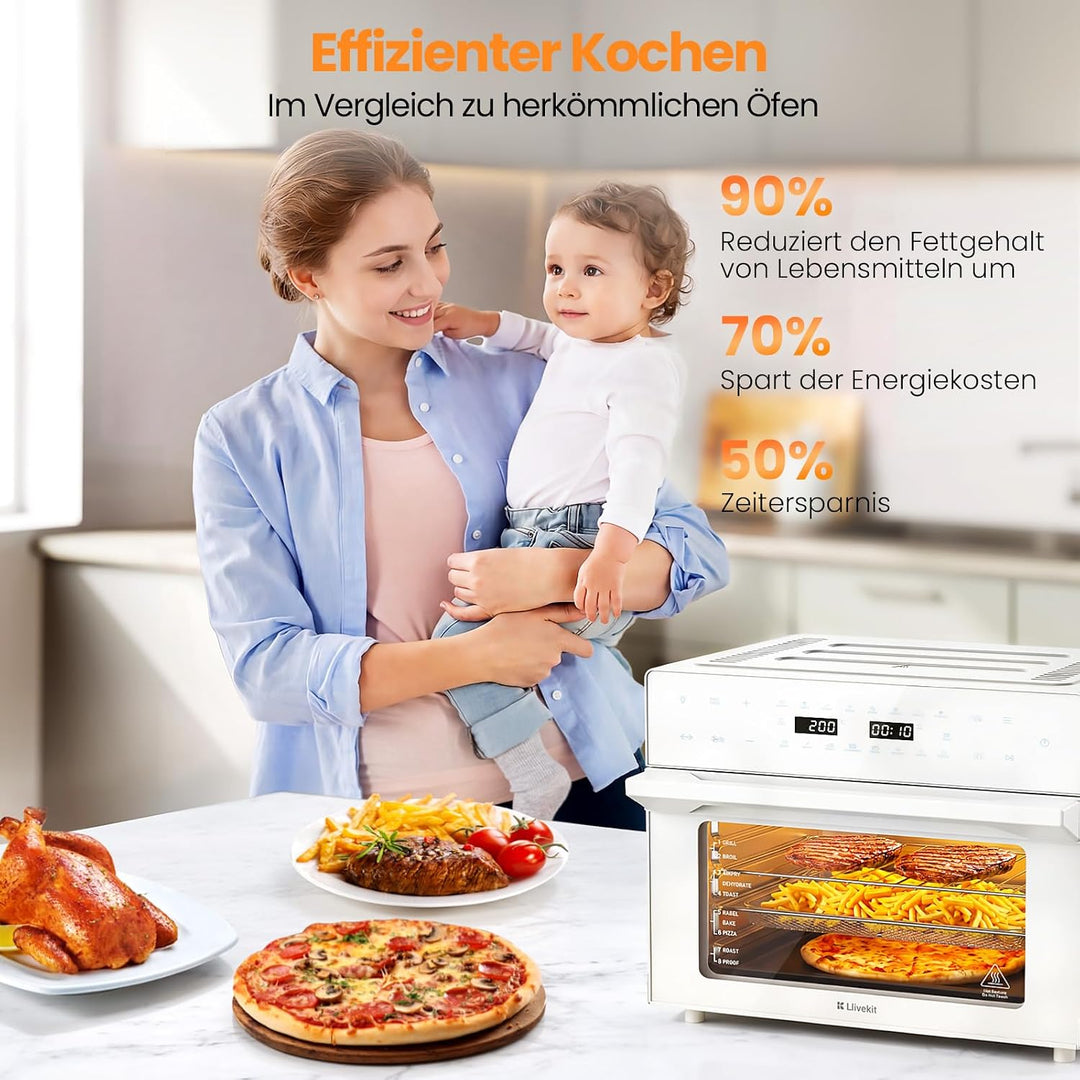 LLIVEKIT 30L Heissluftfritteuse XXL, Minibackofen Umluft mit 20 Programme | 9 Zubehör, Mini Backofen