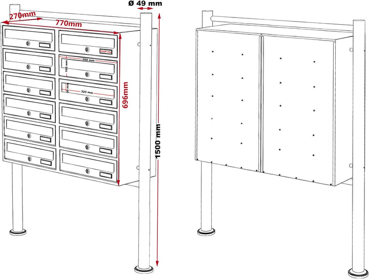 Wiltec 12er Briefkastenanlage Anthrazit 898 x 270 x 1500 mm, Standbriefkasten mit 2x6 Fächern, Schlü