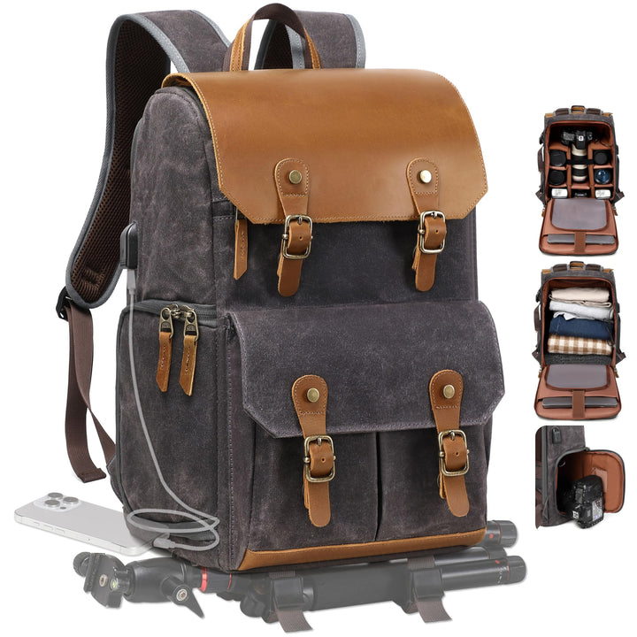Padwa Lifestyle Schwarzer Grauer Kamerarucksack - Wetterfeste Kameratasche aus Gewachstem Memory Can