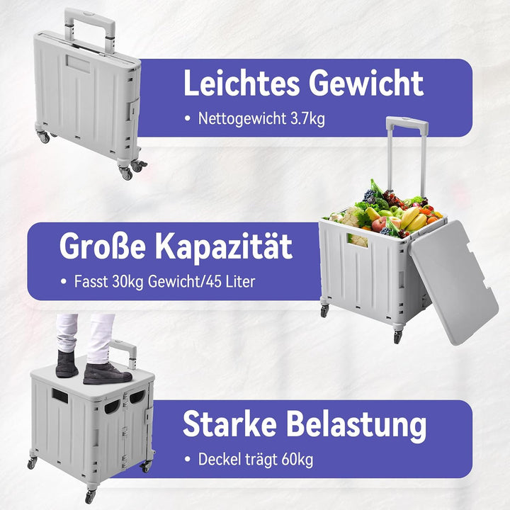 Einkaufstrolley Klappbar, Einkaufskorb mit Deckel 45L Kapazität, Alu Teleskopgriff, Faltbarer Shoppi