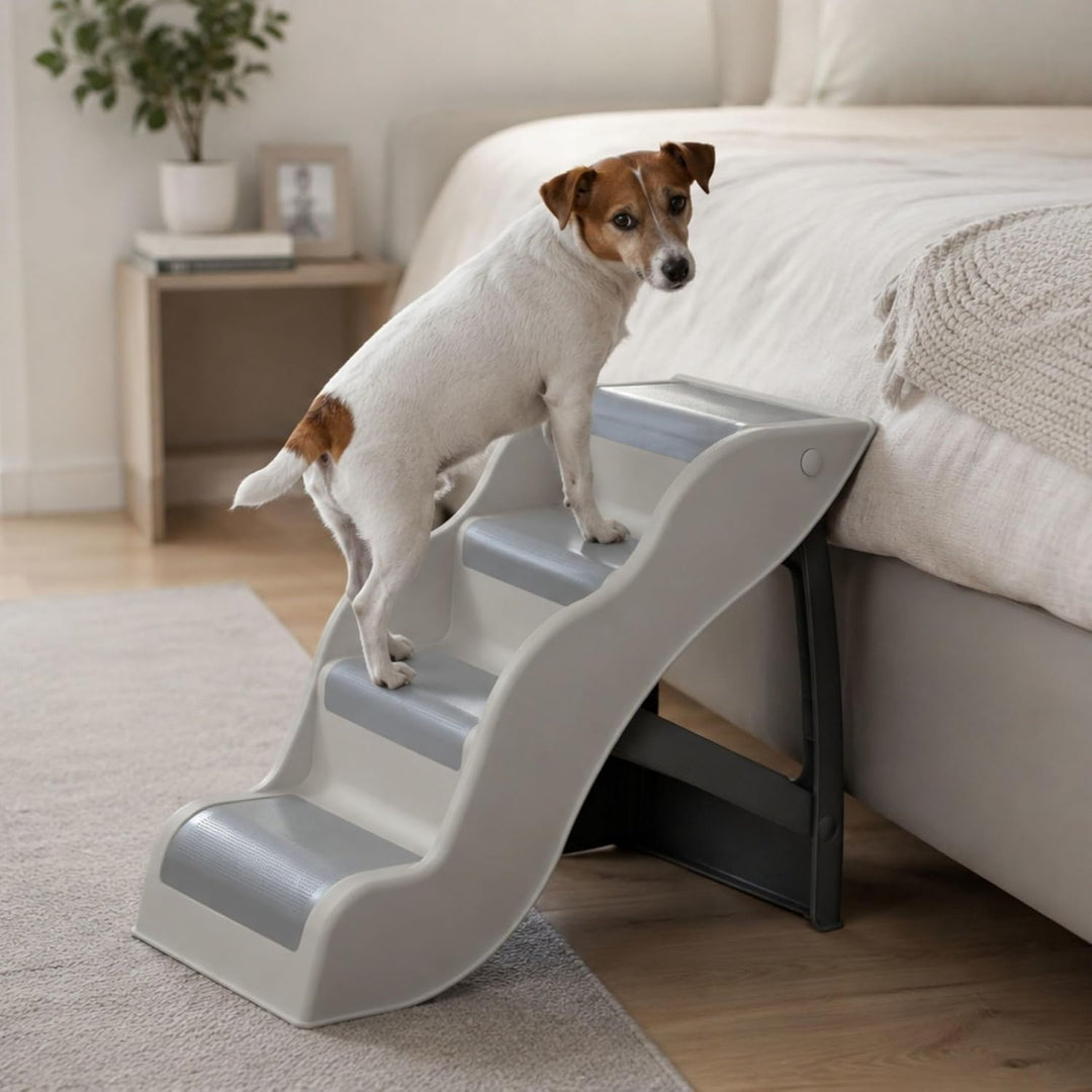 TRIXIE Leichte Hundetreppe mit rutschfesten Gummi-Laufflächen – 4-stufige Haustiertreppe für Betten