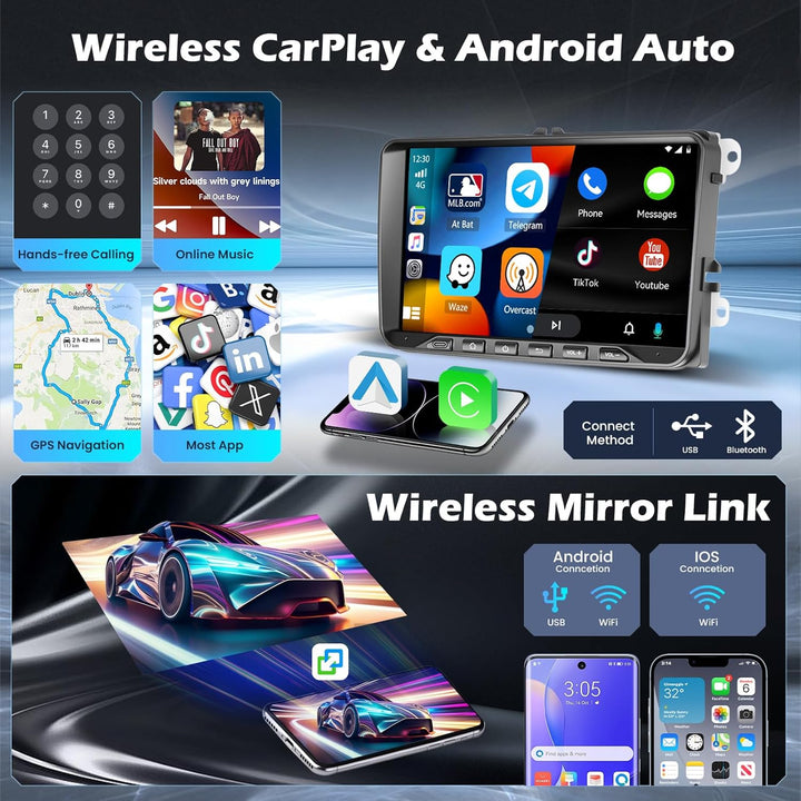 Hikity 4G+64G Android 15 Autoradio für VW Golf Polo Tiguan Caddy Touran Radio 2 Din Wireless Carplay