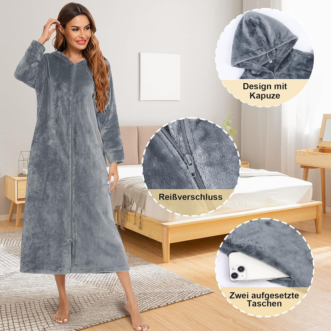 Figarge Bademantel Damen und Herren mit Reissverschluss und Kapuze langer Bademantel Fronttaschen Sa