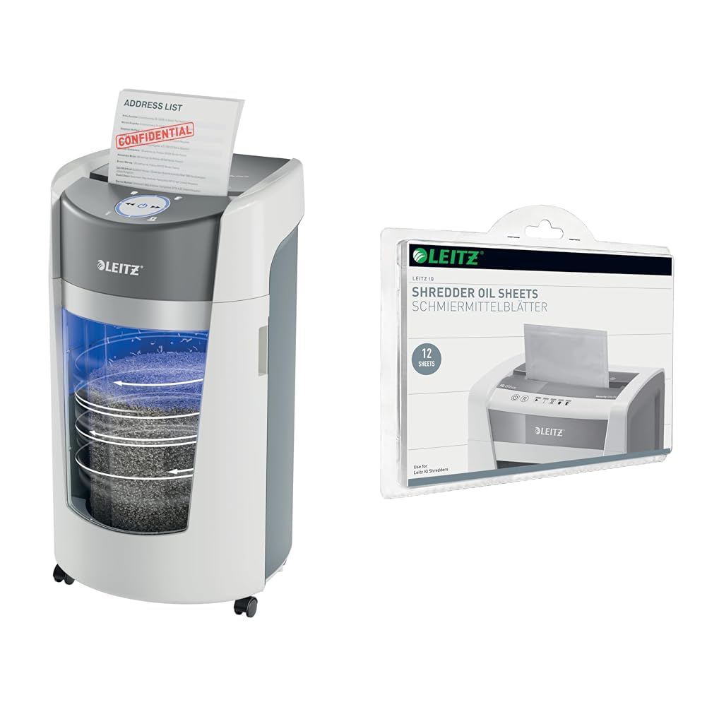 Leitz IQ Set OptiMax Office P5 Aktenvernichter mit Mikroschnitt, 10 Blatt, Rotierender Behälter für