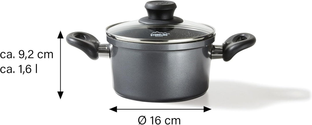 Stoneline Kochtopf 16 cm, mit Deckel, Induktion, Aluguss, beschichtet mit echten Steinpartikeln, gra