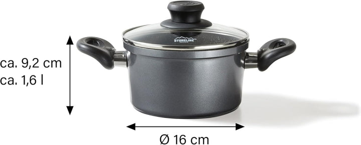 Stoneline Kochtopf 16 cm, mit Deckel, Induktion, Aluguss, beschichtet mit echten Steinpartikeln, gra