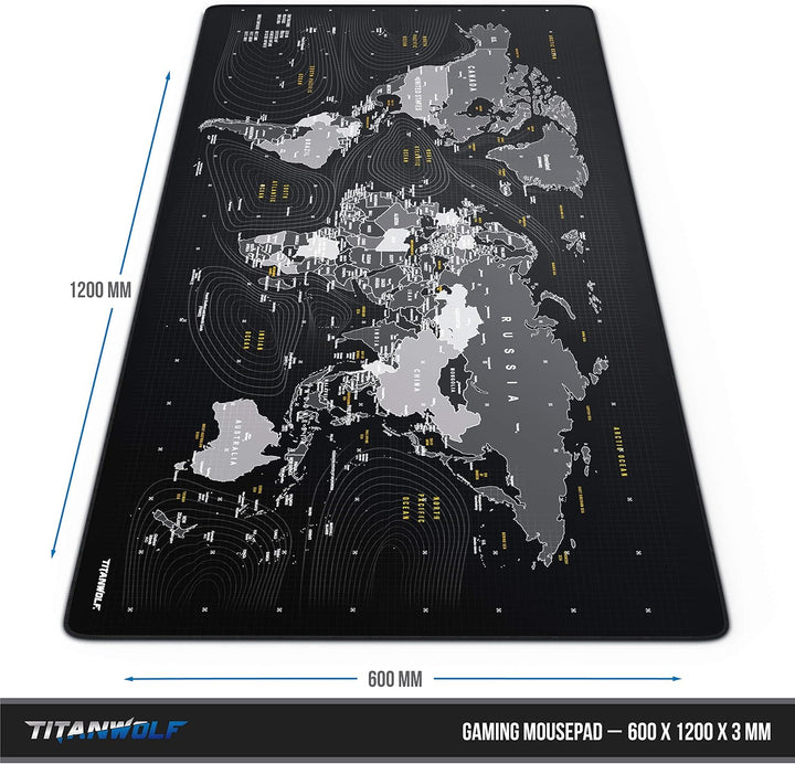 Titanwolf - Übergrösse Mauspad 1200x600mm Weltkarte XXXL Mousepad gross mit Motiv Tischunterlage Lar