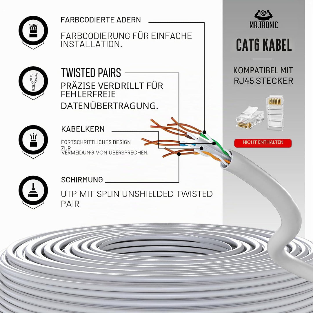 Mr. Tronic 50m Ethernet Netzwerkkabel Cat 6, LAN Netzwerkkabel Für Schnelle &amp; Zuverlässige Internet,