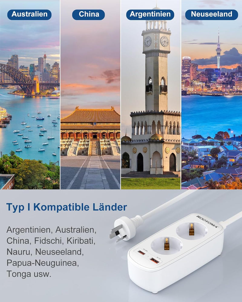 Adapter Australien, China mit PD20W USB Schnellladegerät, Adapter China Deutschland Stecker, 2-Fach