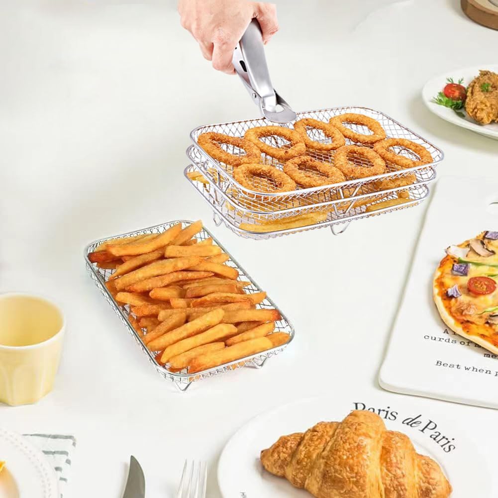 YUEMING Heissluftfritteuse Zubehör, 3 Layers Air Fryer Rack for Ninja Dual Basket mit Silikonfüssen,