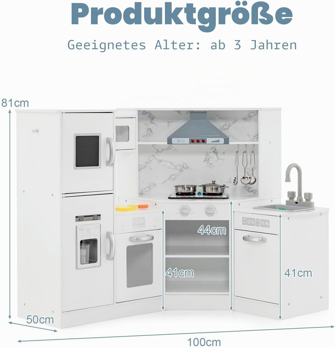 HOMASIS Eck Kinderküche Holz, Spielküche mit Licht, Sound &amp; Dampf, inkl. 16 Zubehör, Spielzeugküche