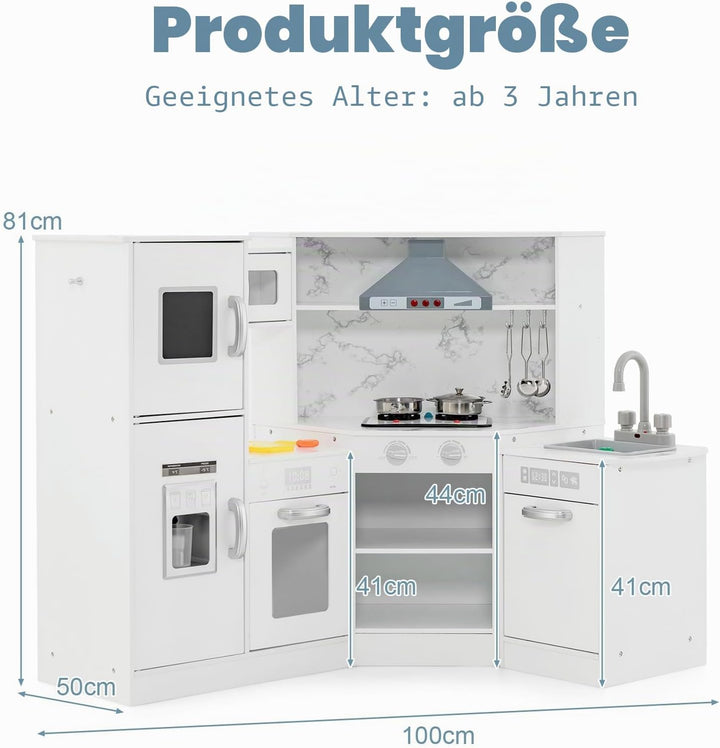 HOMASIS Eck Kinderküche Holz, Spielküche mit Licht, Sound &amp; Dampf, inkl. 16 Zubehör, Spielzeugküche