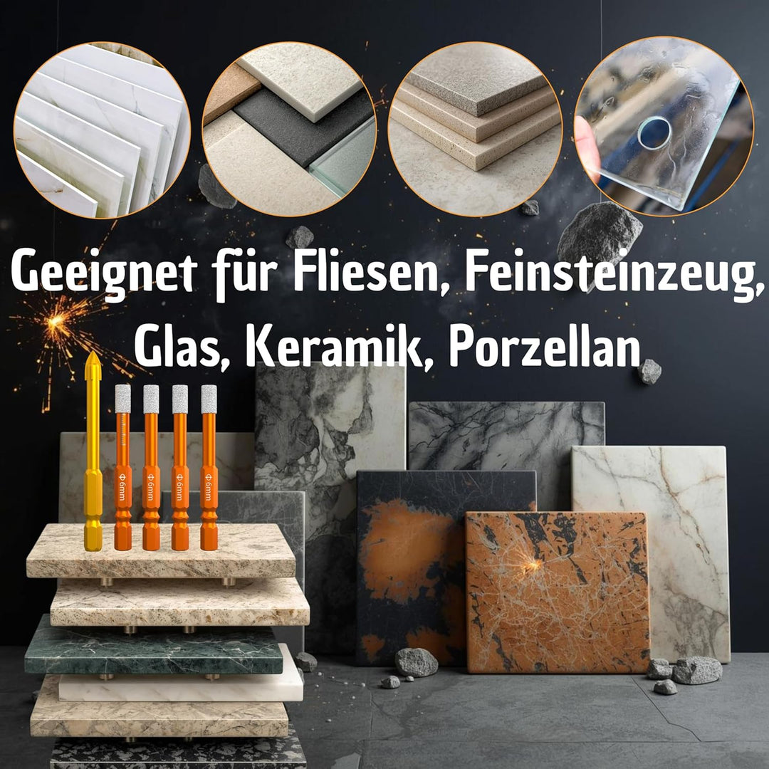 4X Fliesenbohrer Diamantbohrer Set 6mm, Glasbohrer Keramikbohrer Porzellanbohrer Feinsteinzeugbohrer