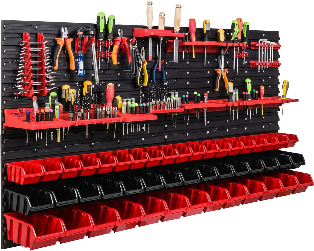 Lagersystem Werkstattregal | 156 x 78 cm | 47 stck. Box | Wandregal mit Werkzeughalterungen und Stap