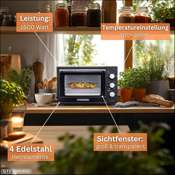 Mini Backofen 25 Liter | Pizza-Ofen | 3in1 Backofen | Minibackofen | Miniofen | Krümelblech | Ober-/