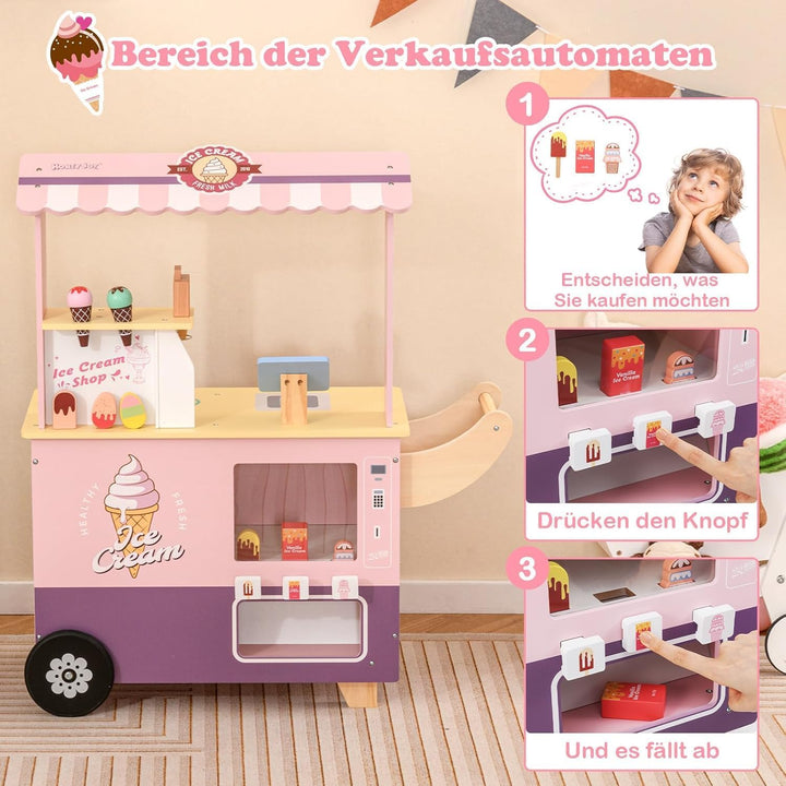 FANTASK Eiswagen Kinder Rosa mit 15 Zubehör, Kaufladen Holz mit Eismaschine & Kasse & Scanner & Verk