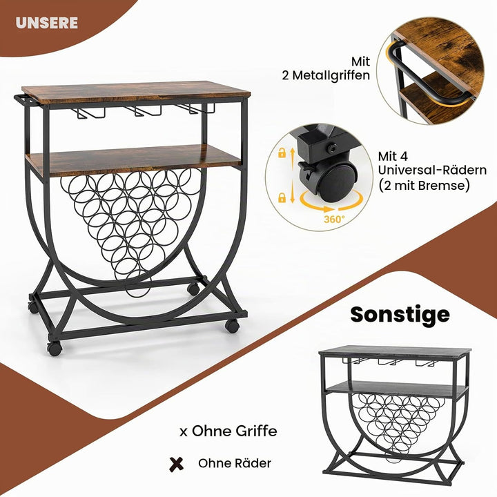 KOMFOTTEU Weinregal mit Rollen, Weinwagen mit 2 Ablagen, Flaschenregal für Flaschen &amp; Glas, Barwagen