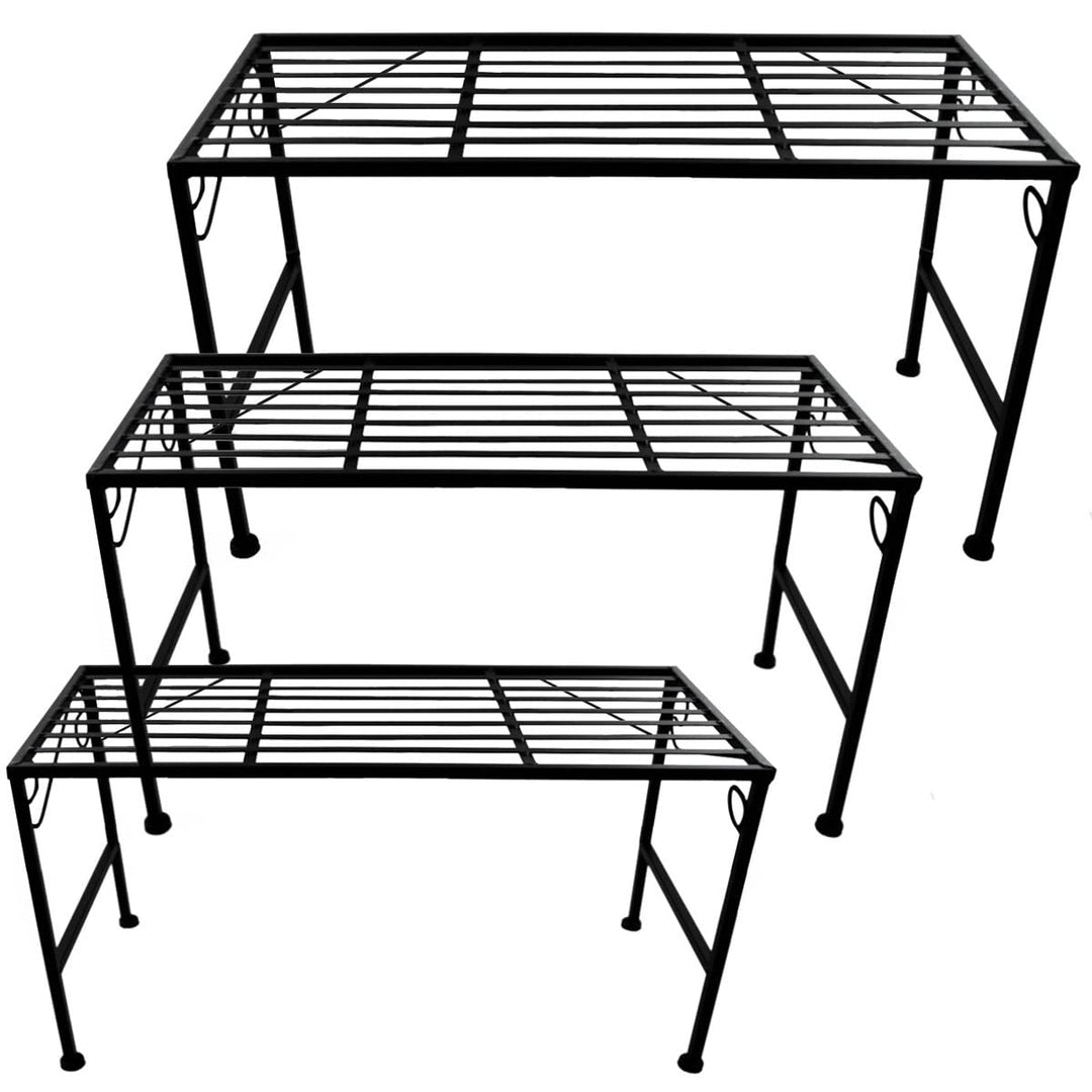 PrimoLiving XL Metall Blumentreppe 3-teilig schwarz - Klappbare 3-stufige Blumenbank Metall-Bank Blu