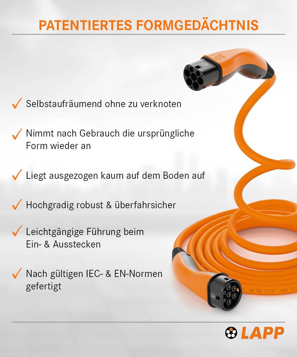 Lapp Mobility Helix Typ 2 Ladekabel 11 kW/Selbstaufrollend / 20 A / 3-Phasig/E-Auto Ladekabel/Mode 3