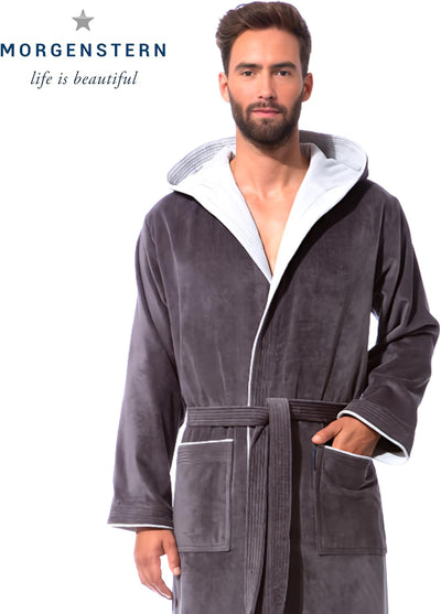 Morgenstern Bademantel Herren Kapuze 100% Baumwolle Frottee OEKO-TEX Velours Morgenmantel Lang Finn,