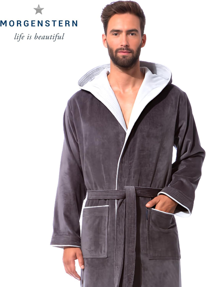 Morgenstern Bademantel Herren Kapuze 100% Baumwolle Frottee OEKO-TEX Velours Morgenmantel Lang Finn,