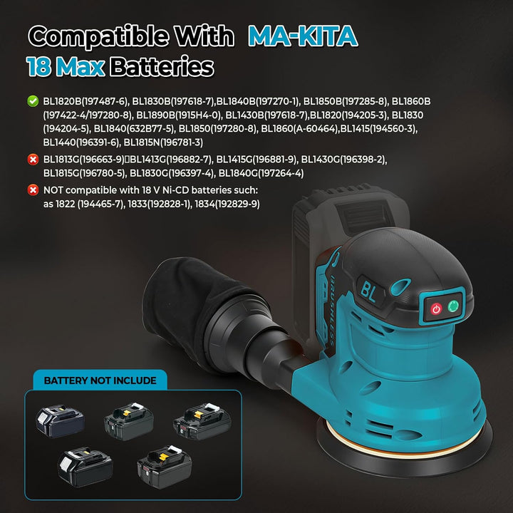 Akku-Exzenterschleifer kompatibel mit Makita, 125 mm, bürstenlos | 9700–19000 U/min – inkl. 25 Schle
