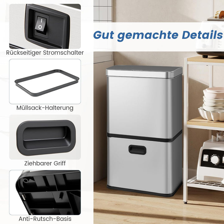 COSTWAY Mülleimer 3 Fächer, 56L Mülltrennsystem inkl. 2 ausnehmbaren Abfallbehältern, 2 x 10L + 36 L