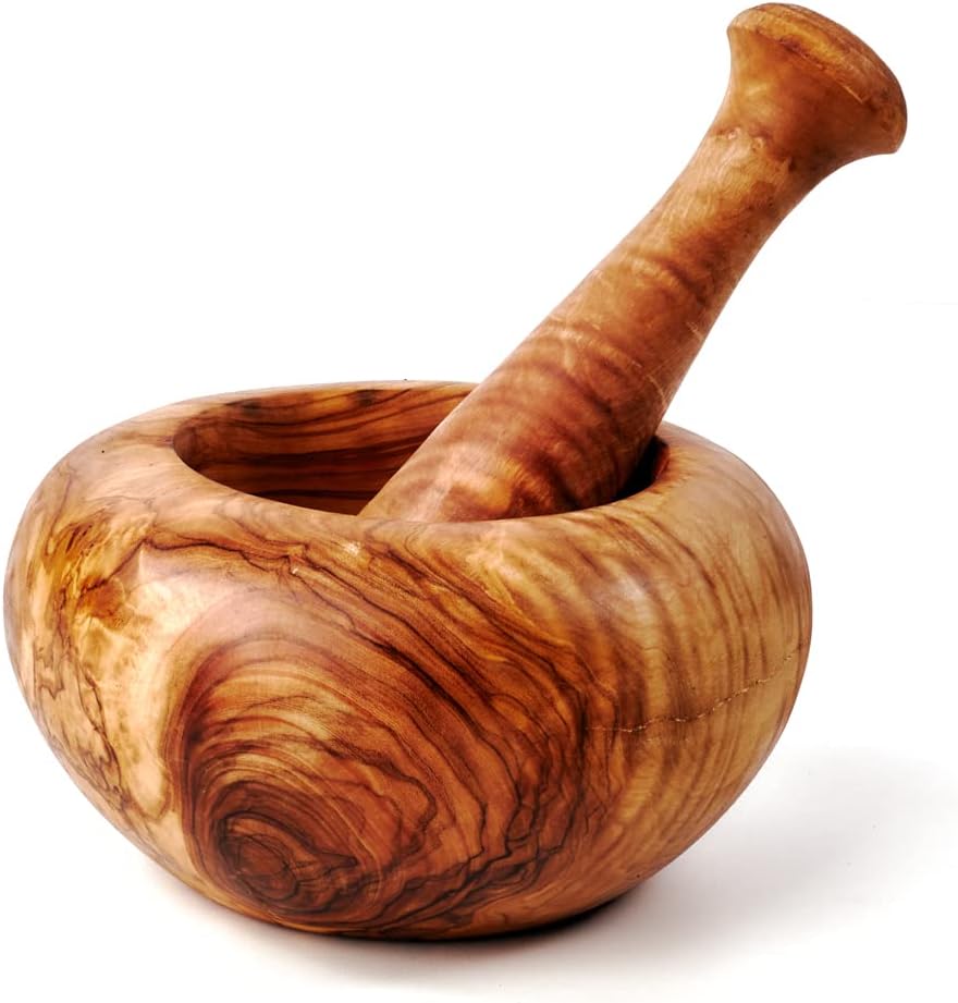 DAS OLIVENHOLZBRETT ® Mörser und Stössel aus Holz, Olivenholz, runder Rand (ca. 16cm Durchmesser), c