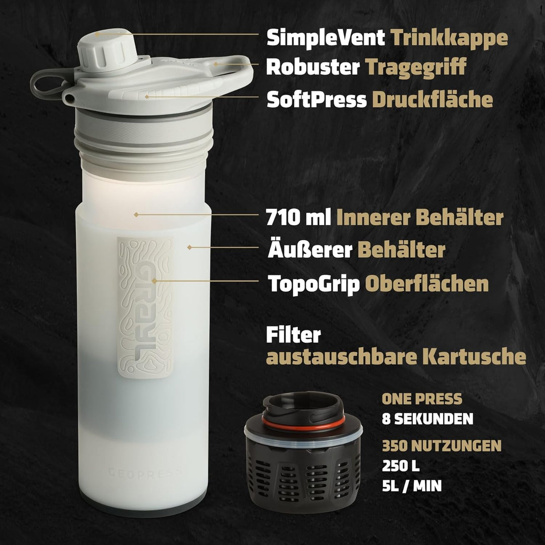 GRAYL GeoPress 24 oz Wasserfilterflasche – Filter für Wandern, Camping, Survival, Reisen Peak White,