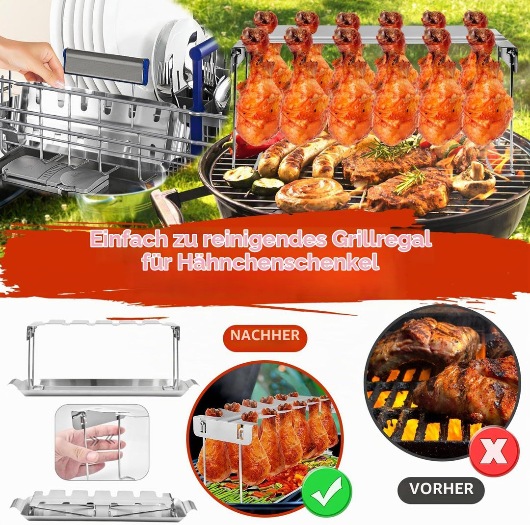 Hähnchenschenkel Halter Grill Zubehör für Backofen &amp; Grill, Hähnchenkeulenhalter mit Auffangschale,