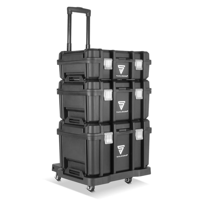 STAHLWERK Werkzeugtrolley mit drei Boxen – mobiler Werkzeugkoffer-Trolley mit Teleskopgriff, Metallv