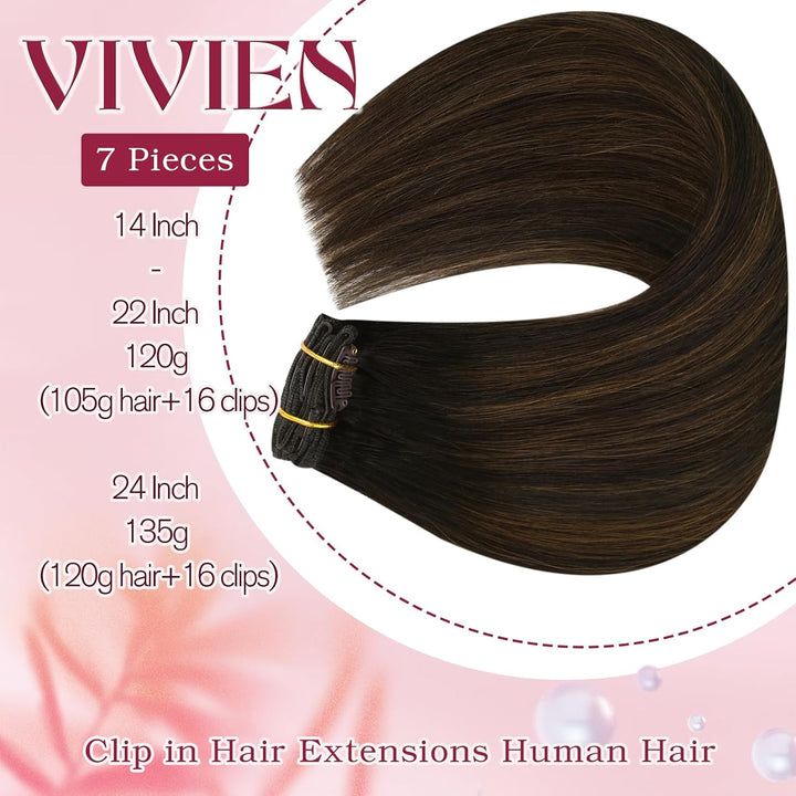 Vivien Clip Extensions Echthaar Dunkelbraun Balayage Hellbraun 45cm Natürlich Echthaar Clip in Exten