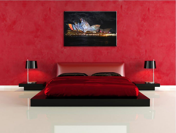 Pixxprint Dark Sydney Opera House Lichterauf Leinwand, XXL riesige Bilder fertig gerahmt mit Keilrah