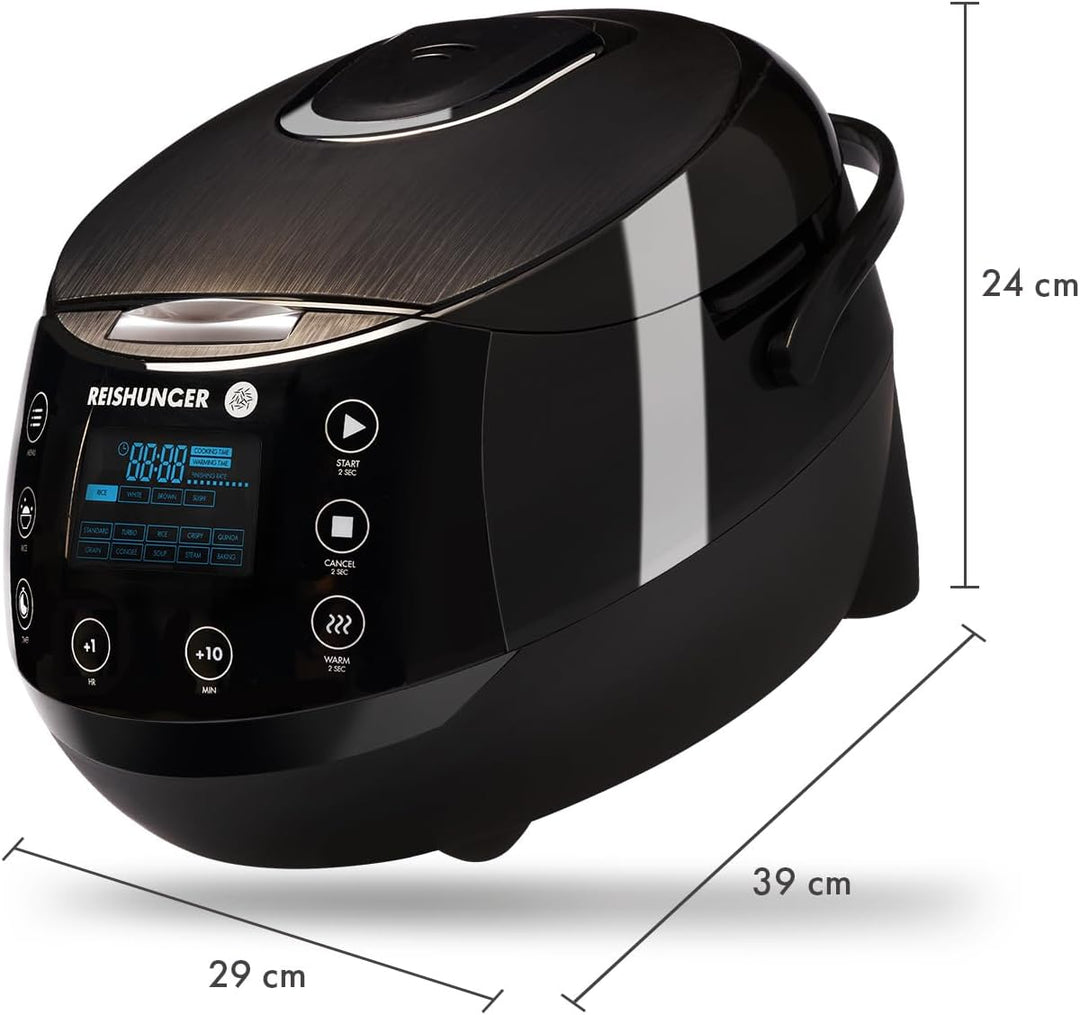 Reishunger Digitaler Reiskocher & Dampfgarer Schwarz + Gratis Kochbuch – Warmhaltefunktion, Timer &